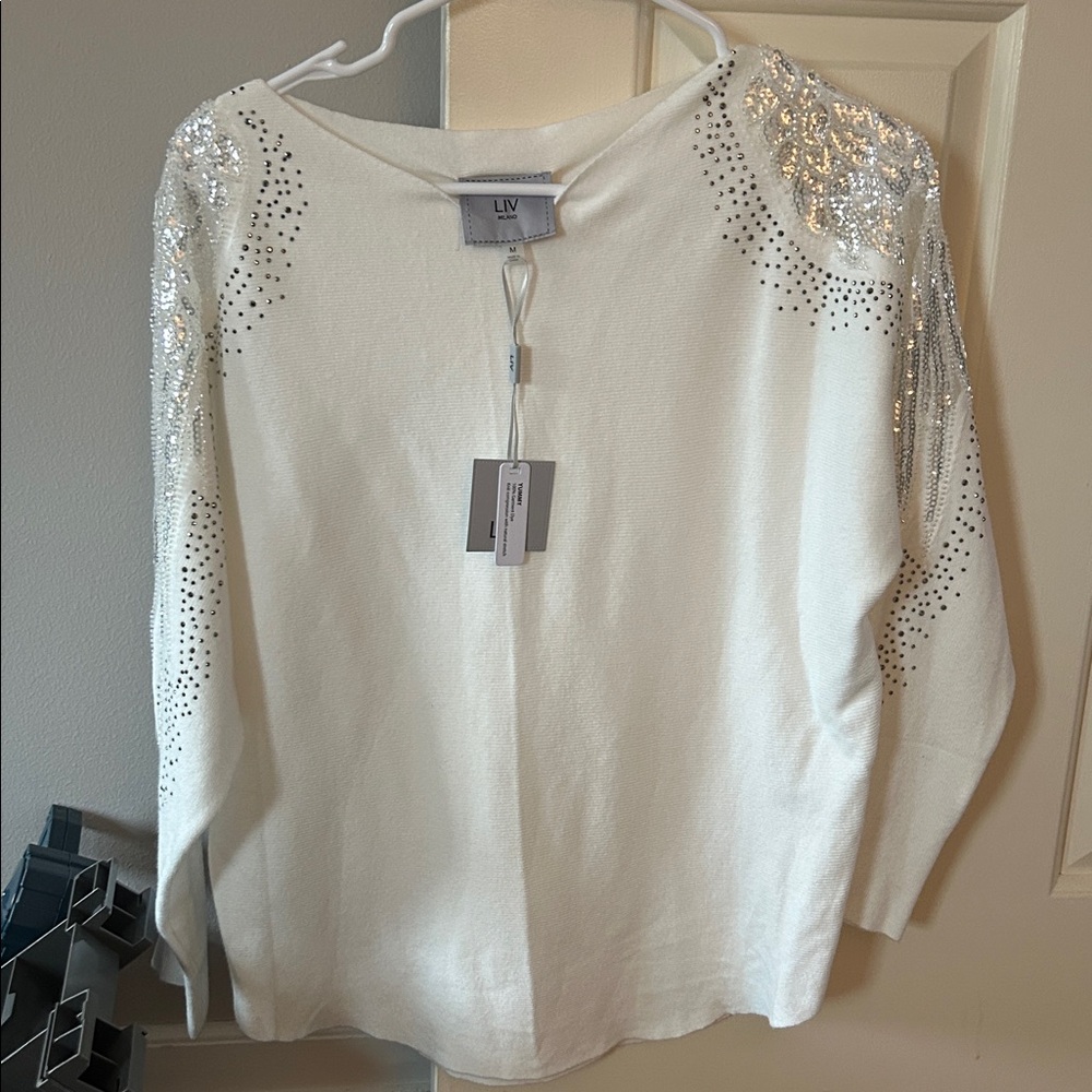 LIV Women's White Sweater with Silver Accents